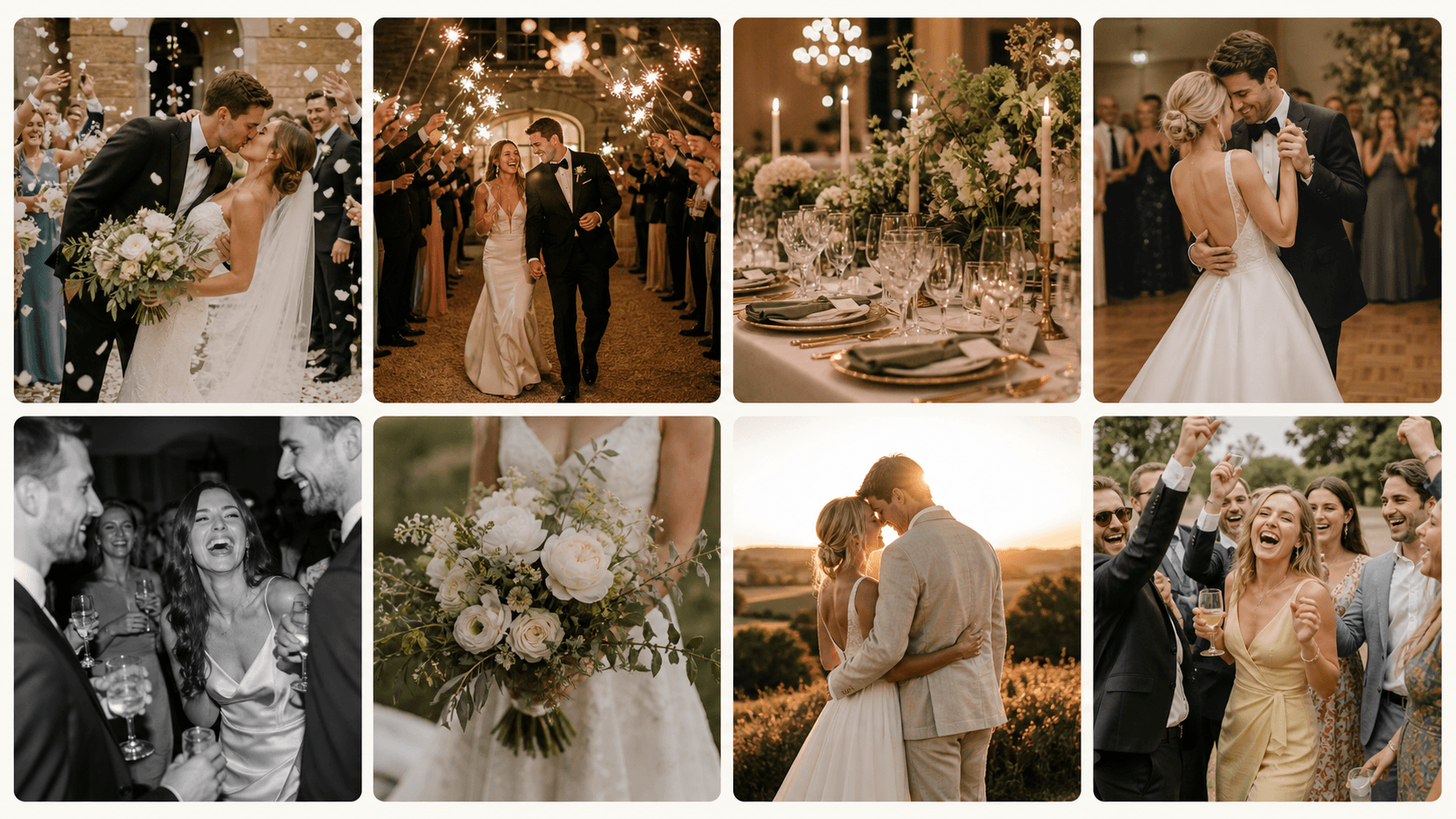 Different perspectives of a wedding celebration, gathered together